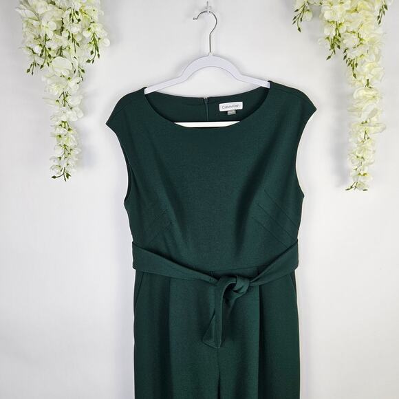 Calvin Klein Emerald Green Sleeveless Wide Leg Belted Jumpsuit Cropped Size 10 - Picture 4 of 14
